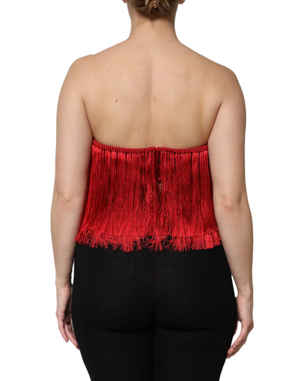 Dolce & Gabbana Red Silk Strapless Fringe Crop Tube Top