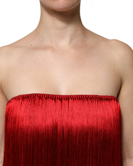 Dolce & Gabbana Red Silk Strapless Fringe Crop Tube Top