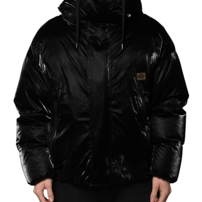 Dolce & Gabbana Black Logo Full Zip Hooded Quilted Jacket