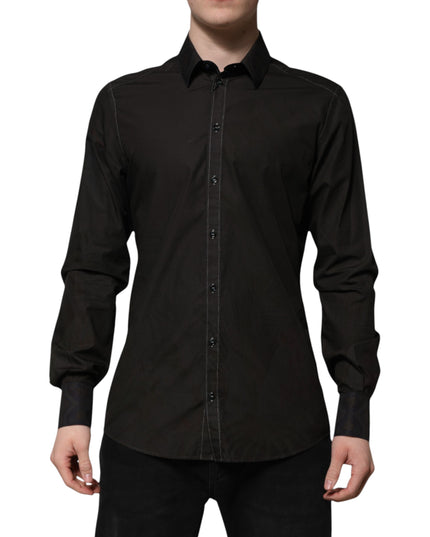 Dolce & Gabbana Black Cotton Jacquard GOLD Collar Dress Shirt