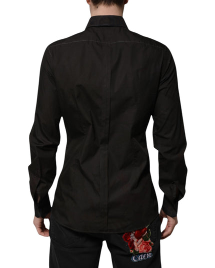 Dolce & Gabbana Black Cotton Jacquard GOLD Collar Dress Shirt