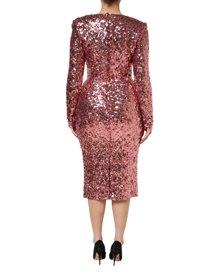 Dolce & Gabbana Pink Sequin Statement Nylon Midi V-Neck Dress