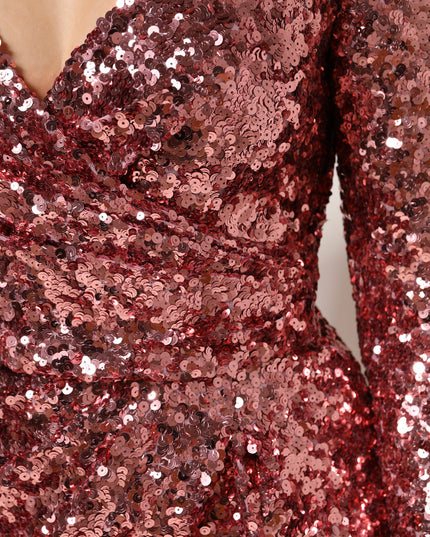 Dolce & Gabbana Pink Sequin Statement Nylon Midi V-Neck Dress