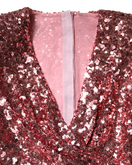 Dolce & Gabbana Pink Sequin Statement Nylon Midi V-Neck Dress