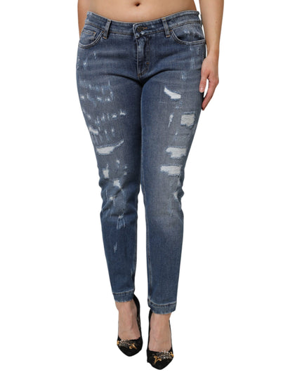 Dolce & Gabbana Blue Tattered Cotton Low Waist Denim Jeans