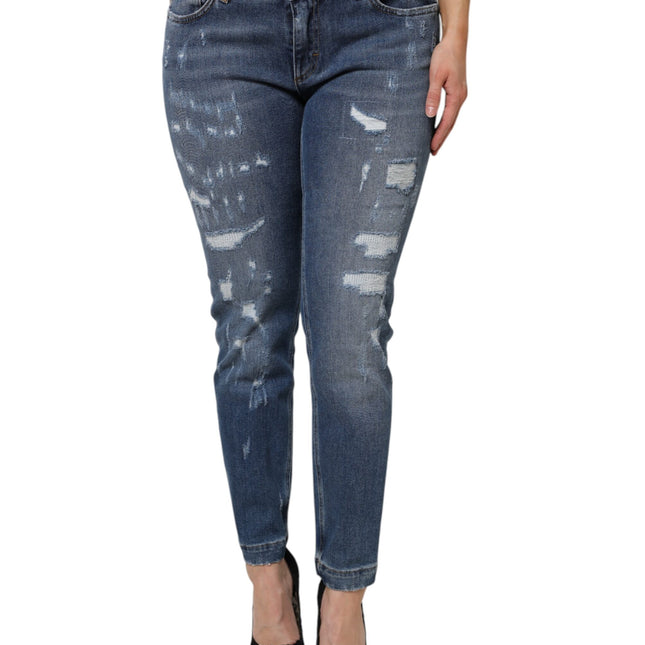 Dolce & Gabbana Blue Tattered Cotton Low Waist Denim Jeans
