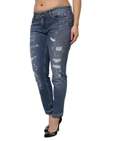Dolce & Gabbana Blue Tattered Cotton Low Waist Denim Jeans
