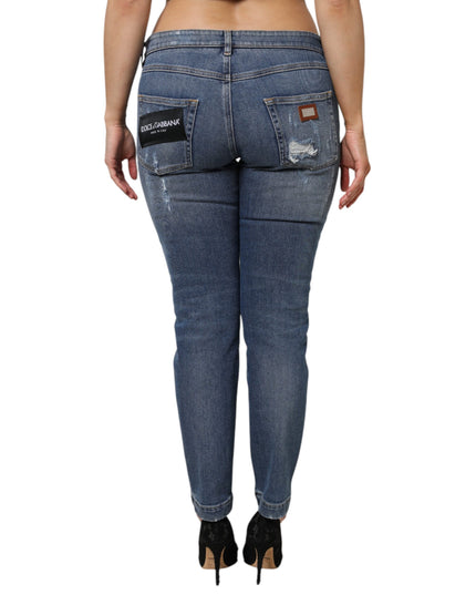 Dolce & Gabbana Blue Tattered Cotton Low Waist Denim Jeans