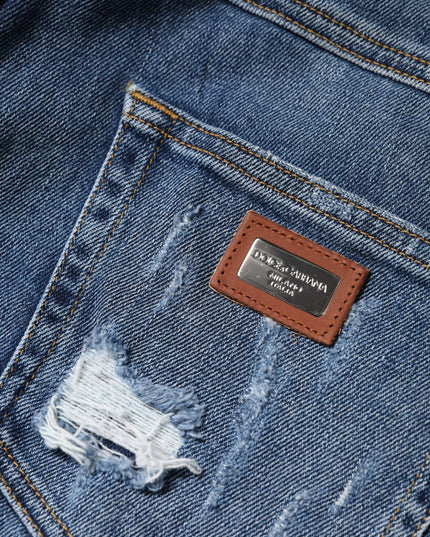 Dolce & Gabbana Blue Tattered Cotton Low Waist Denim Jeans
