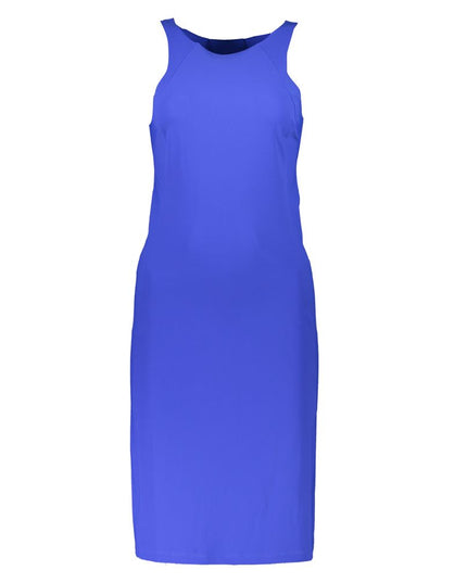 Patrizia Pepe Elegant Blue Crew Neck Dress with Logo Detail