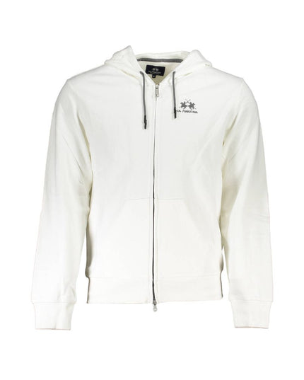La Martina White Cotton Men Sweater with Hood and Zip Pockets