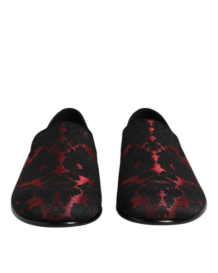 Dolce & Gabbana Red Black Jacquard Slip On Loafers Shoes