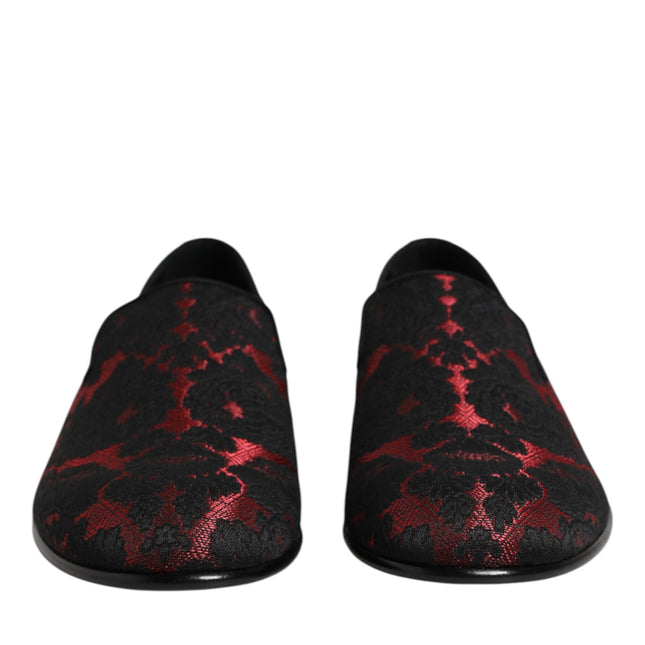 Dolce & Gabbana Red Black Jacquard Slip On Loafers Shoes
