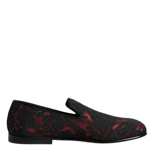 Dolce & Gabbana Red Black Jacquard Slip On Loafers Shoes