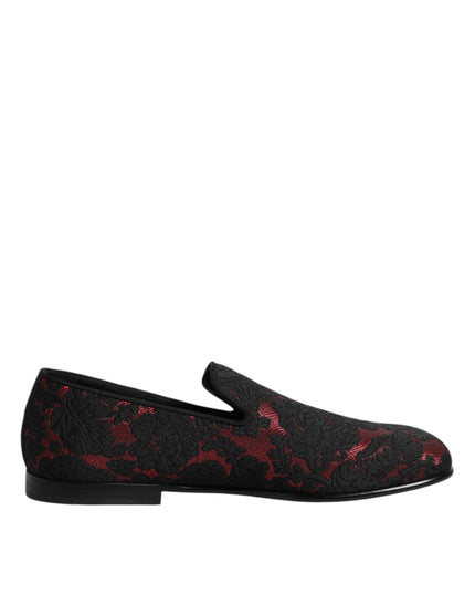 Dolce & Gabbana Red Black Jacquard Slip On Loafers Shoes