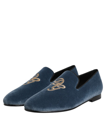 Dolce & Gabbana Blue Velvet DG Logo Loafers Formal Shoes