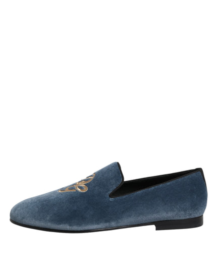 Dolce & Gabbana Blue Velvet DG Logo Loafers Formal Shoes