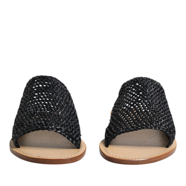 Dolce & Gabbana Black Monochrome Braided Raffia Slides Shoes