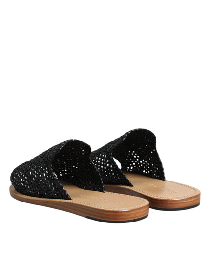 Dolce & Gabbana Black Monochrome Braided Raffia Slides Shoes