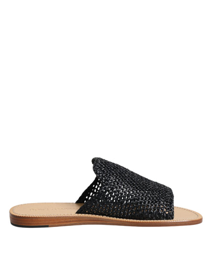 Dolce & Gabbana Black Monochrome Braided Raffia Slides Shoes
