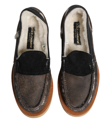 Dolce & Gabbana Brown White Calfskin Leather Loafers Shoes