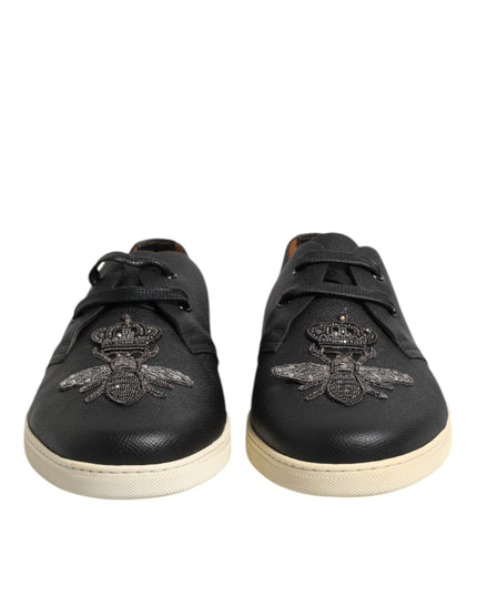 Dolce & Gabbana Black Leather Bee Crown Low Top Sneakers Shoes