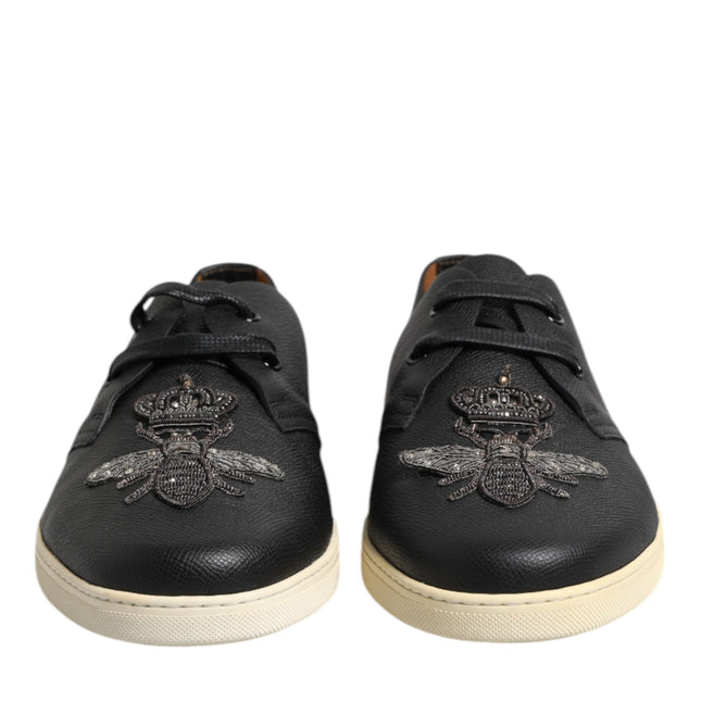 Dolce & Gabbana Black Leather Bee Crown Low Top Sneakers Shoes