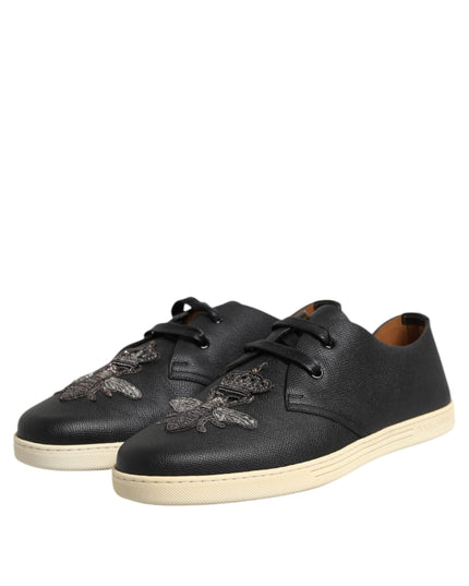 Dolce & Gabbana Black Leather Bee Crown Low Top Sneakers Shoes