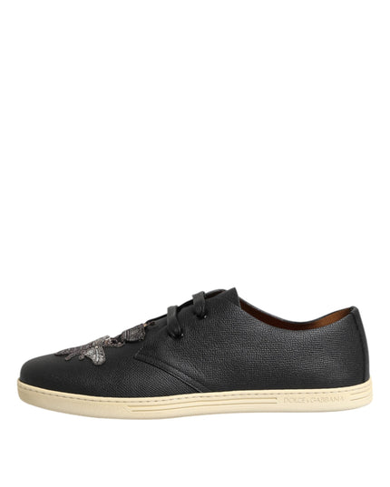 Dolce & Gabbana Black Leather Bee Crown Low Top Sneakers Shoes