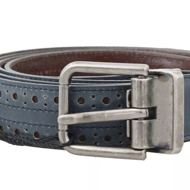 Dolce & Gabbana Blue Perforated Leather Gray Buckle Belt