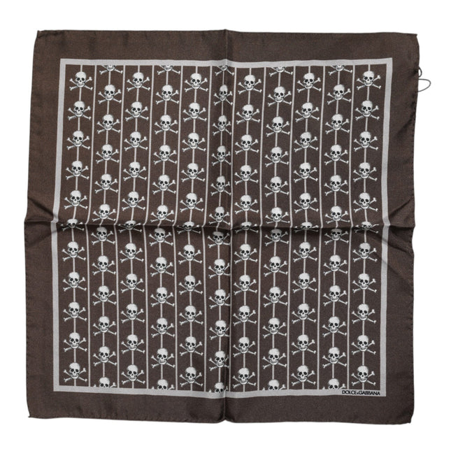 Dolce & Gabbana Brown Skull Silk Square Men Foulard Scarf
