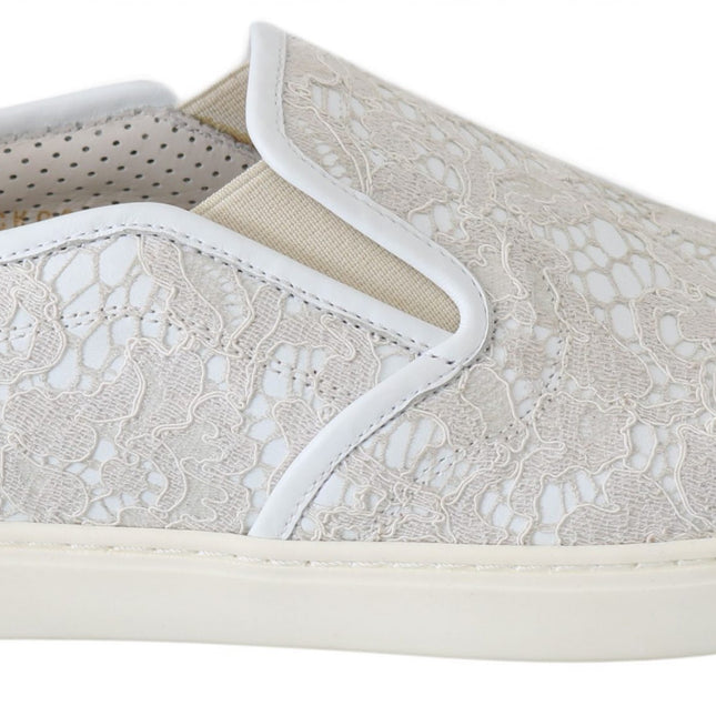 Dolce & Gabbana White Leather Lace Slip On Loafers Shoes