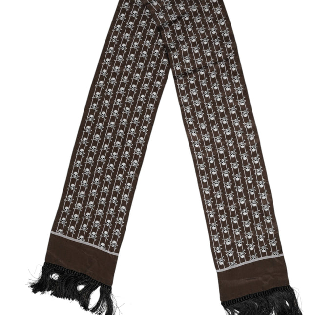 Dolce & Gabbana Brown Skulls Print Fringes Men Foulard Scarf