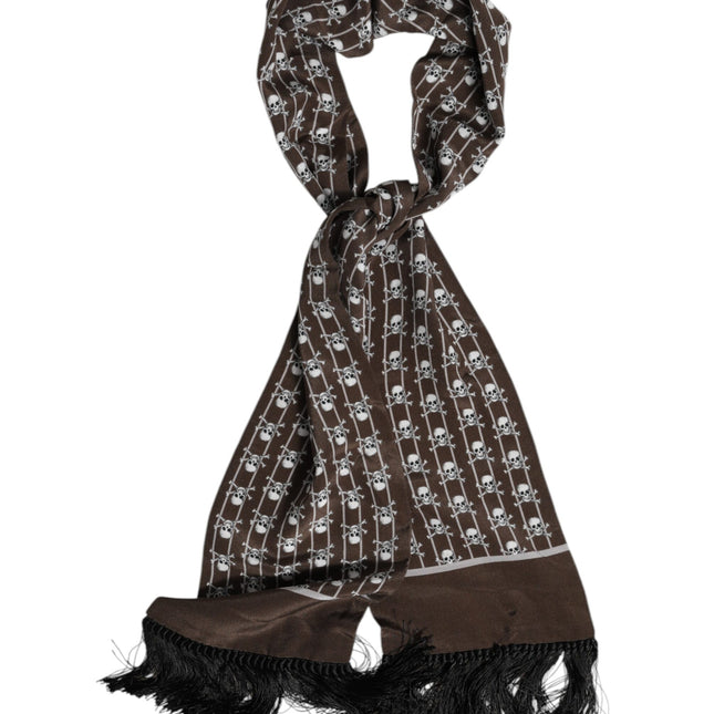 Dolce & Gabbana Brown Skulls Print Fringes Men Foulard Scarf