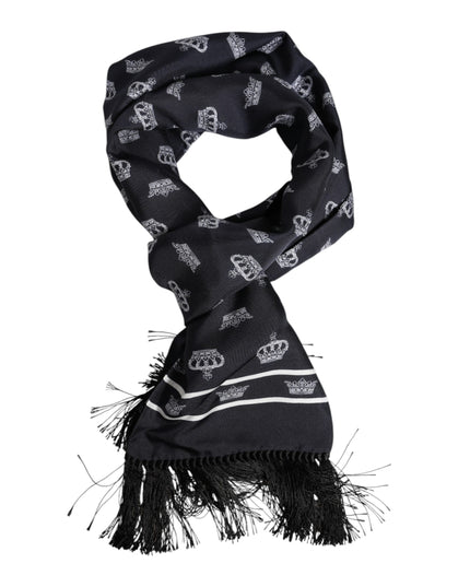 Dolce & Gabbana Black Silk Crown Fringes Men Foulard Scarf