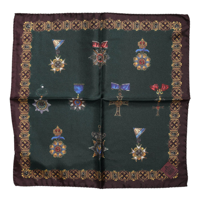 Dolce & Gabbana Green Medals Silk Square Foulard Scarf