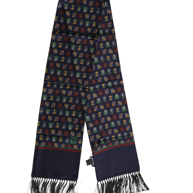 Dolce & Gabbana Blue Silk Printed Fringes Foulard Scarf
