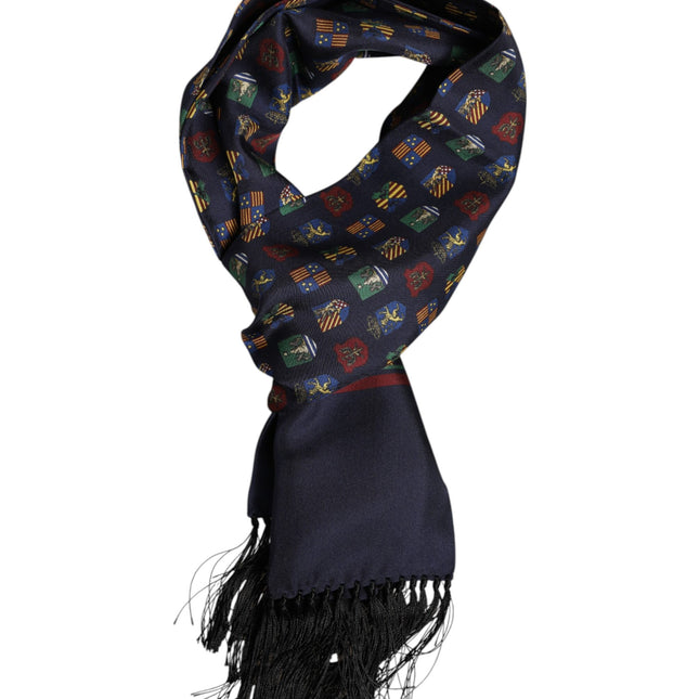 Dolce & Gabbana Blue Silk Printed Fringes Foulard Scarf