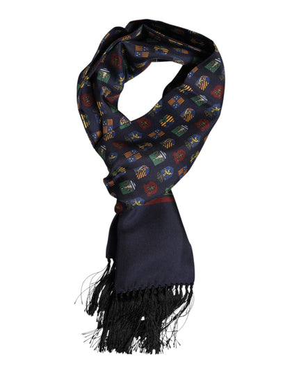 Dolce & Gabbana Blue Silk Printed Fringes Foulard Scarf