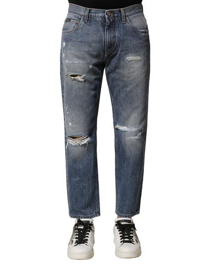 Dolce & Gabbana Blue Washed Tattered Straight Fit Denim Jeans