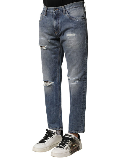 Dolce & Gabbana Blue Washed Tattered Straight Fit Denim Jeans