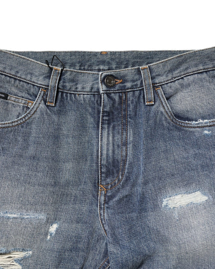 Dolce & Gabbana Blue Washed Tattered Straight Fit Denim Jeans