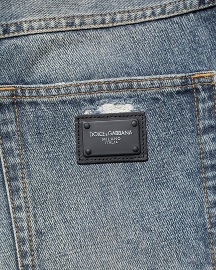 Dolce & Gabbana Blue Washed Tattered Straight Fit Denim Jeans