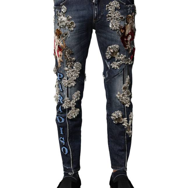 Dolce & Gabbana Blue Cotton Rhinestone Embellish Denim Jeans