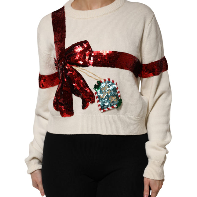 Dolce & Gabbana White Sequined Crew Neck Pullover Sweater