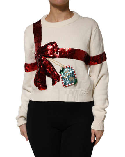 Dolce & Gabbana White Sequined Crew Neck Pullover Sweater
