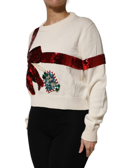 Dolce & Gabbana White Sequined Crew Neck Pullover Sweater