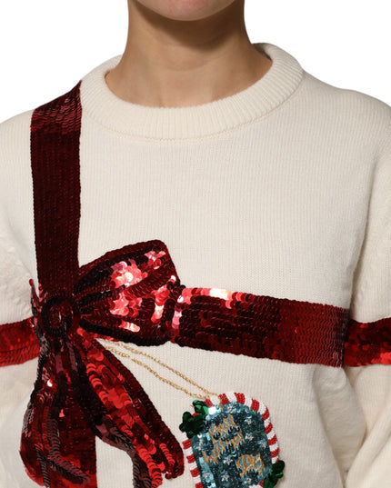 Dolce & Gabbana White Sequined Crew Neck Pullover Sweater