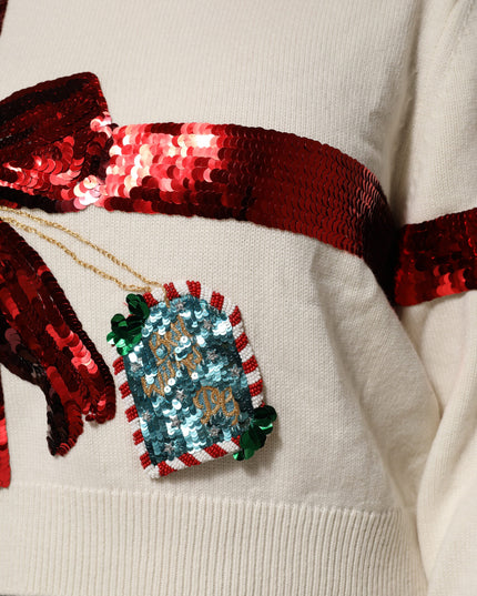 Dolce & Gabbana White Sequined Crew Neck Pullover Sweater