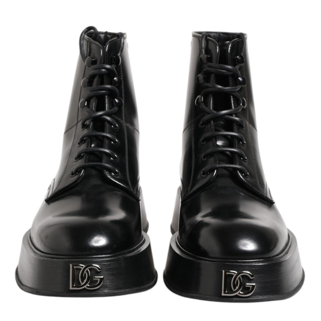Dolce & Gabbana Black Leather Logo Ankle Boots Lace Up Shoes